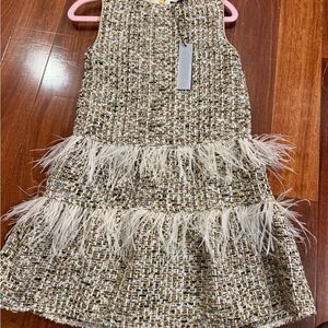 Imoga Multicolor Tweed Dress with Feather Details